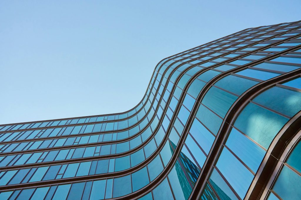 Modern curved glass building exterior